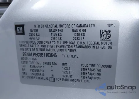 2011 Chevrolet Equinox 2Lt из США, поврежденный, VIN 2GNALPEC8B1163646